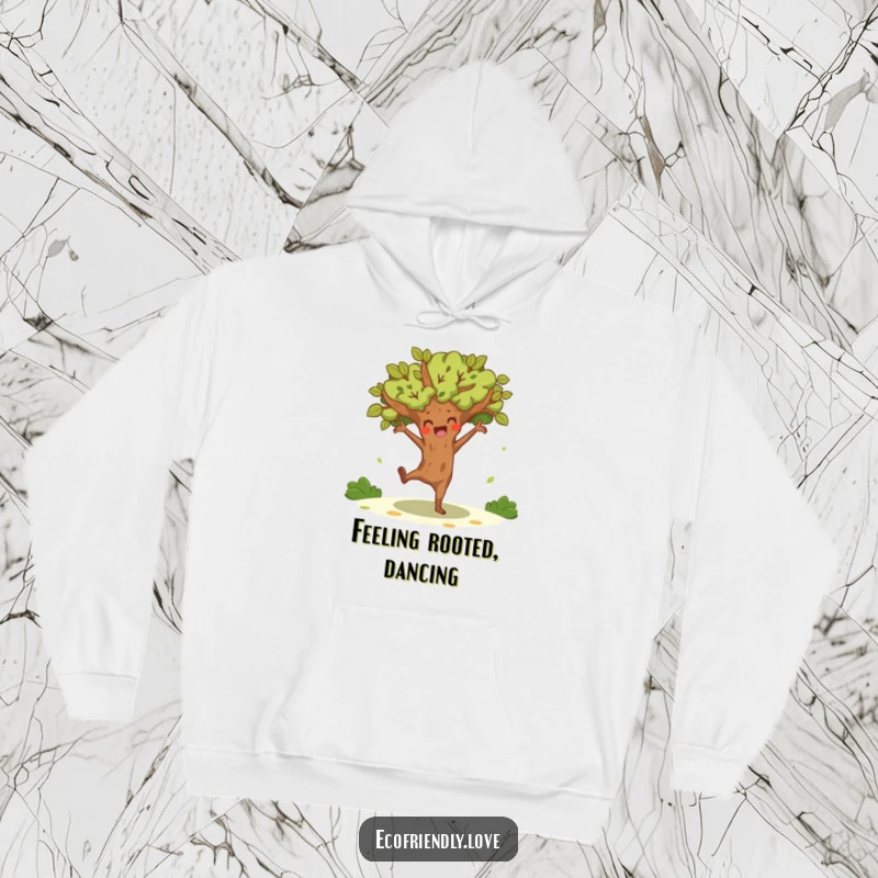 Funny and cozy hoodie featuring a tree character doing a joyful, energetic dance, offering humorous warmth and movement.