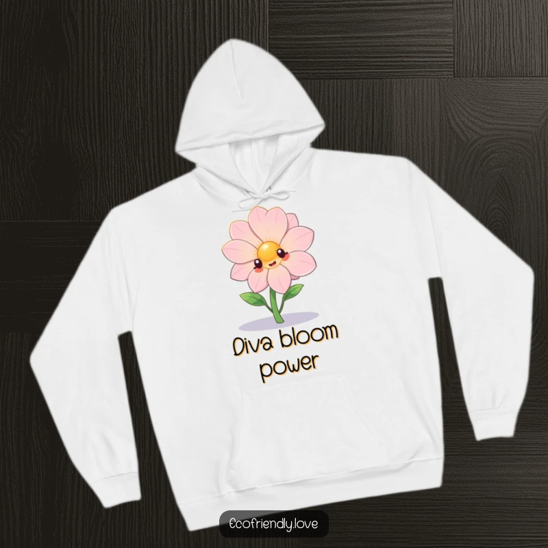 Funny kawaii flower dramatically posing under a spotlight on a warm hoodie, a humorous statement piece.