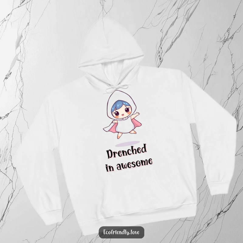 Funny hoodie depicting a playful raindrop character in a cape, mid-leap, ready for action, offering a comfortable and humorous sense of adventure.