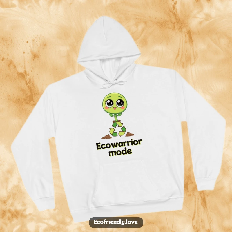 Funny sprout hoodie featuring a smiling green sprout character joyfully hopping over a recycling icon, perfect for cozy, eco-conscious lounging.