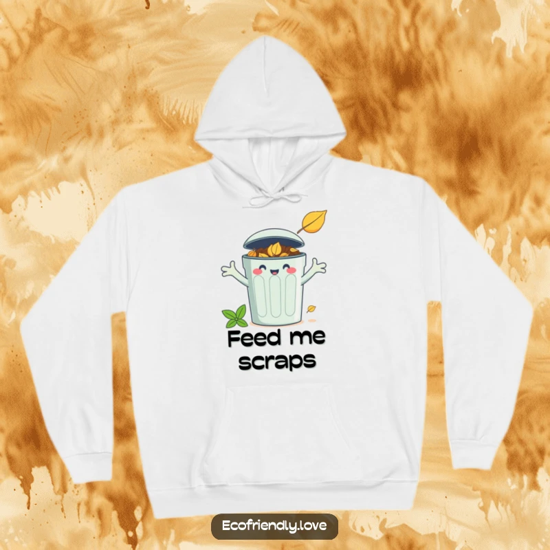 Funny hoodie showcasing a smiling compost bin character offering open arms to receive a fallen leaf, promoting eco-humor.