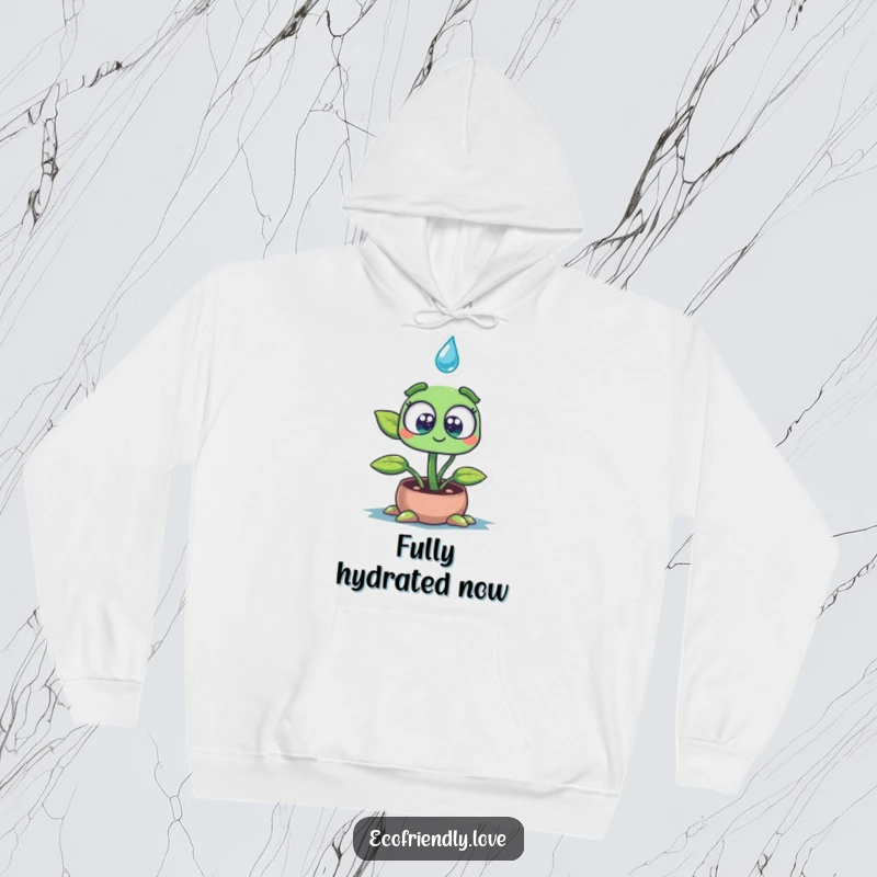 Funny hoodie featuring a wide-eyed plant seedling character absorbing a water drop, conveying a sense of gentle wonder and cozy comfort.