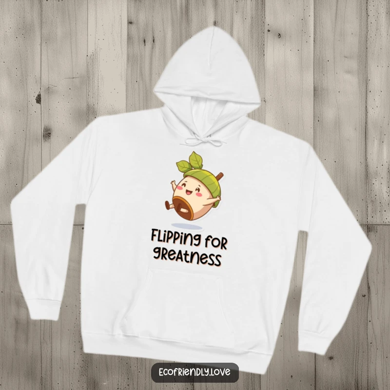Funny hoodie showing a happy acorn character doing a cartwheel, with a leaf perched playfully as a hat.