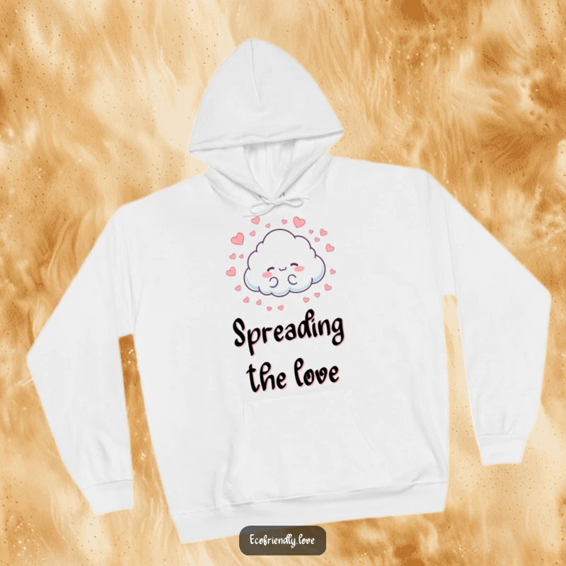 Funny hoodie with a cloud character gently raining down little hearts. A warm, cozy, and loving gift.