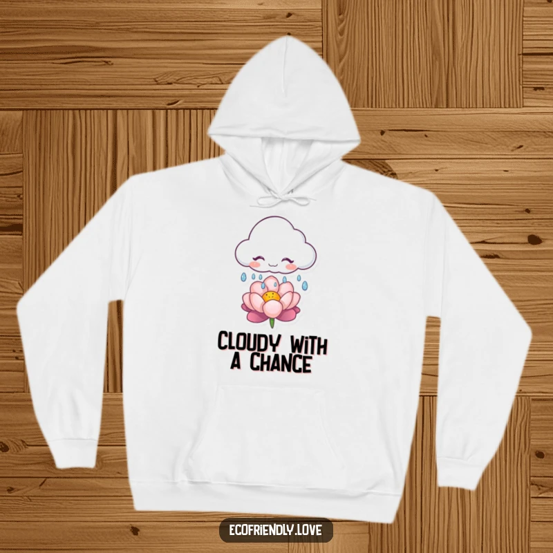 Funny hoodie with a giggling cloud character releasing gentle raindrops on a flower, perfect for cozy, cheerful days.