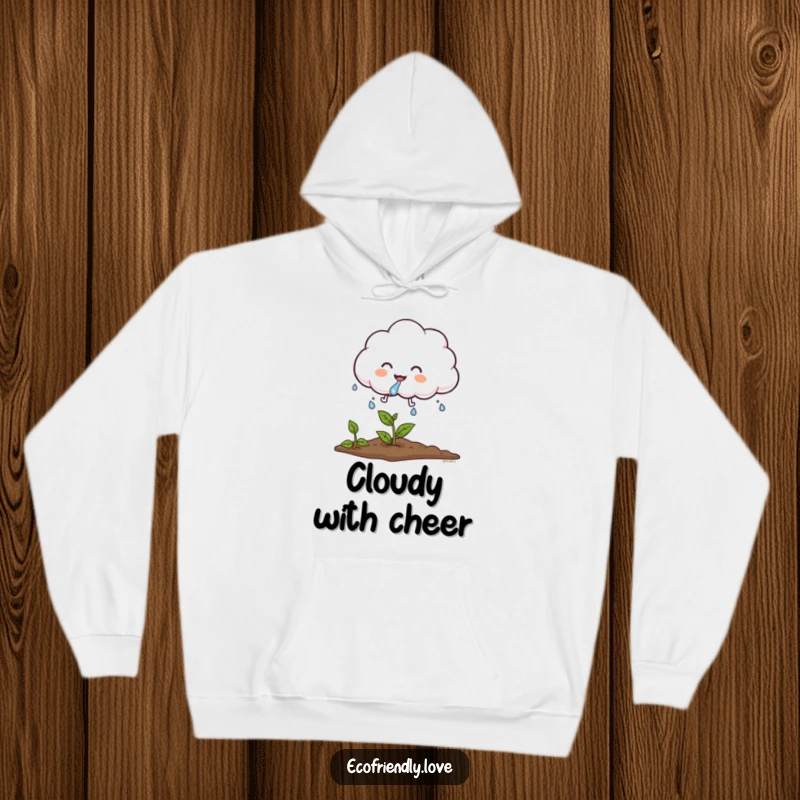 Funny cloud hoodie featuring a fluffy, giggling cloud character sprinkling water onto a plant, perfect for cozy days and nurturing vibes.