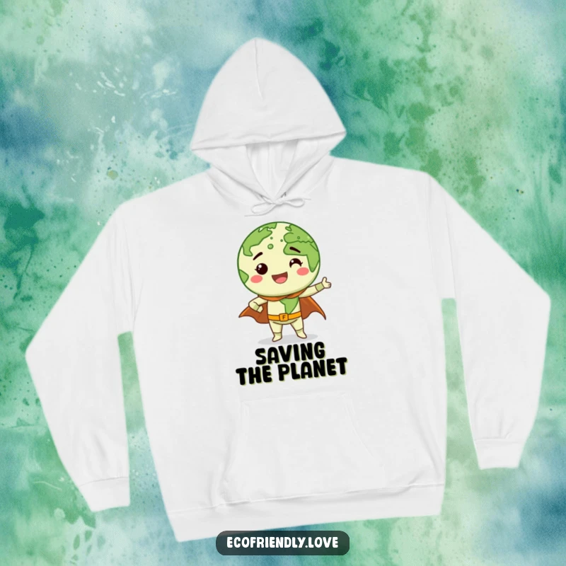 Funny playful Earth character with a wide grin doing a superhero pose with a cape, featured on a warm and humorous hoodie.