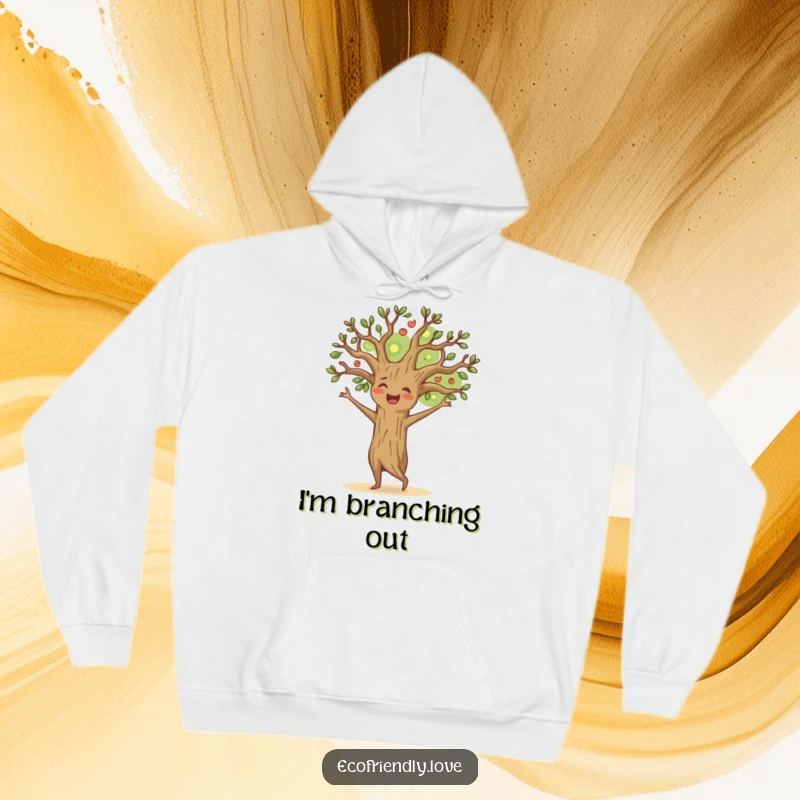 Funny happy tree hoodie with a cheerful character dancing with branches outstretched, offering cozy comfort and inspiring nature vibes.