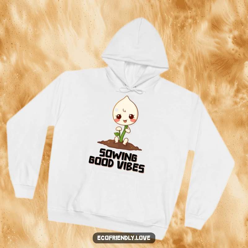 Funny hoodie featuring a sweet kawaii sprout character contentedly planting a small seed, offering warmth and charm.