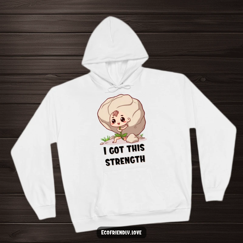 Funny Seedling Hoodie: A determined kawaii seedling character humorously pushing a giant boulder, perfect for cozy motivation.