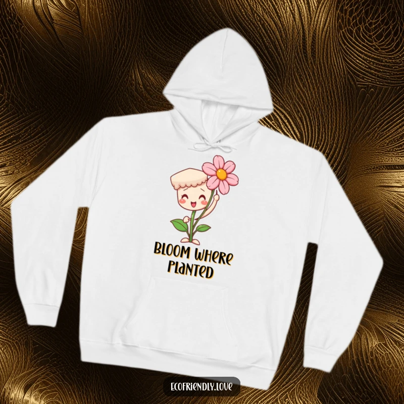 Funny hoodie with a proud seedling character proudly presenting a beautiful, blooming flower. A cozy and inspiring gift.