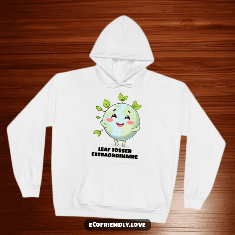 Funny hoodie showcasing a happy globe character in the act of juggling three vivid green leaves, offering warmth and humor.