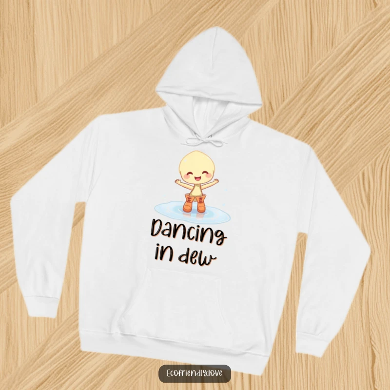 Funny hoodie featuring a happy, pudgy sprout in small boots dancing gleefully in a puddle of sparkling water, offering cozy humor.