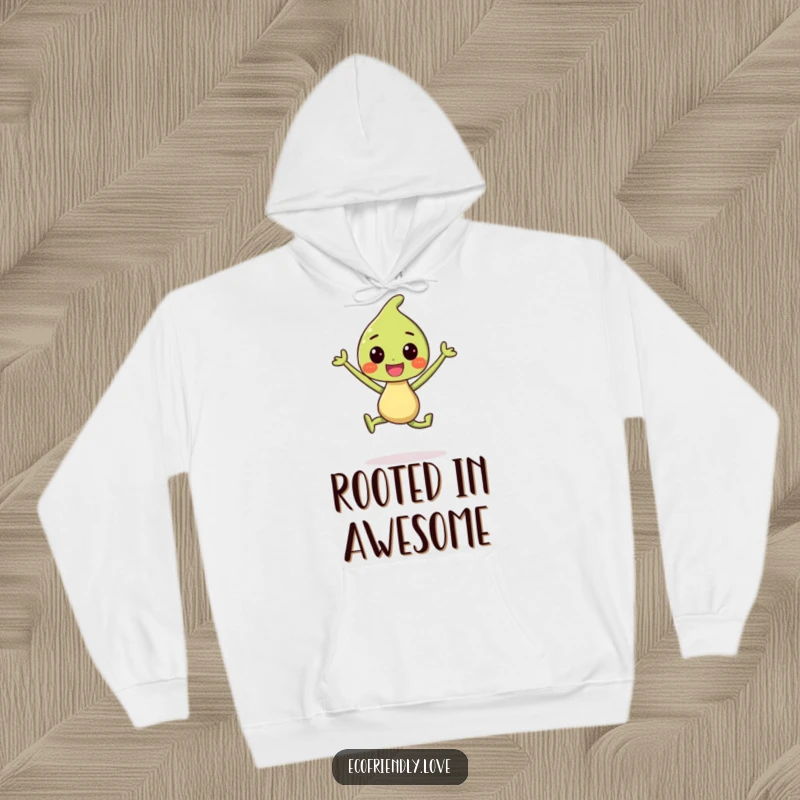 Funny Hoodie: Features a smiling sprout character doing a celebratory jump, offering warmth and positive vibes.