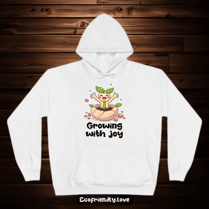 Funny hoodie featuring a small, surprised sprout character bursting from a seed, offering cozy cheer.