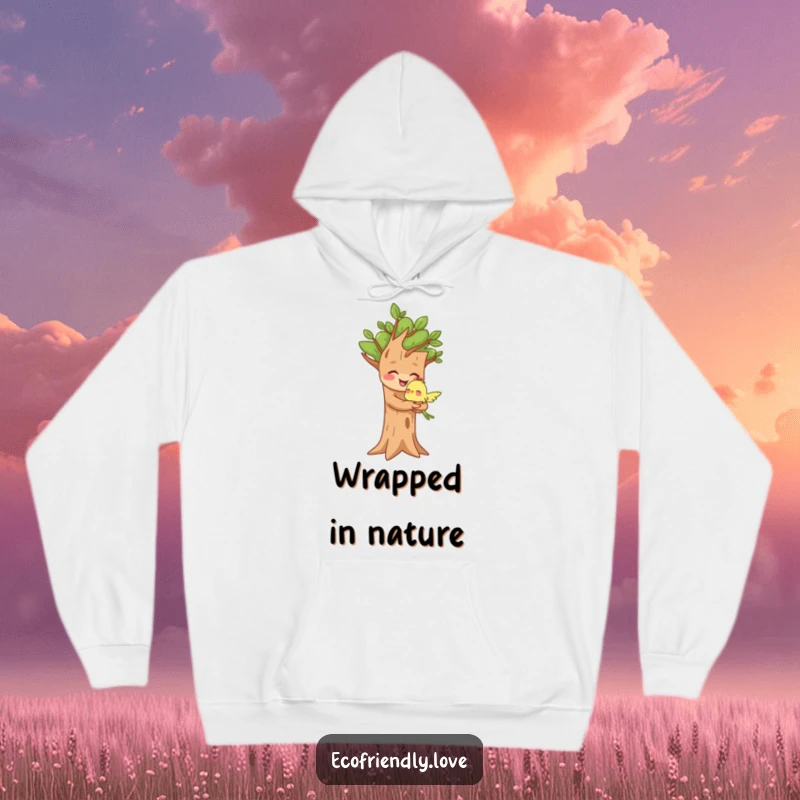 Funny hoodie with a joyful tree character giving a loving hug to a small bird, promoting warmth and connection.