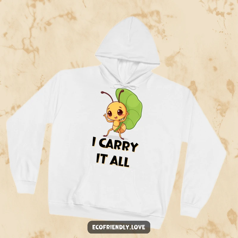 Funny ant hoodie with a little character triumphantly carrying a large leaf, offering cozy warmth and a symbol of incredible strength.