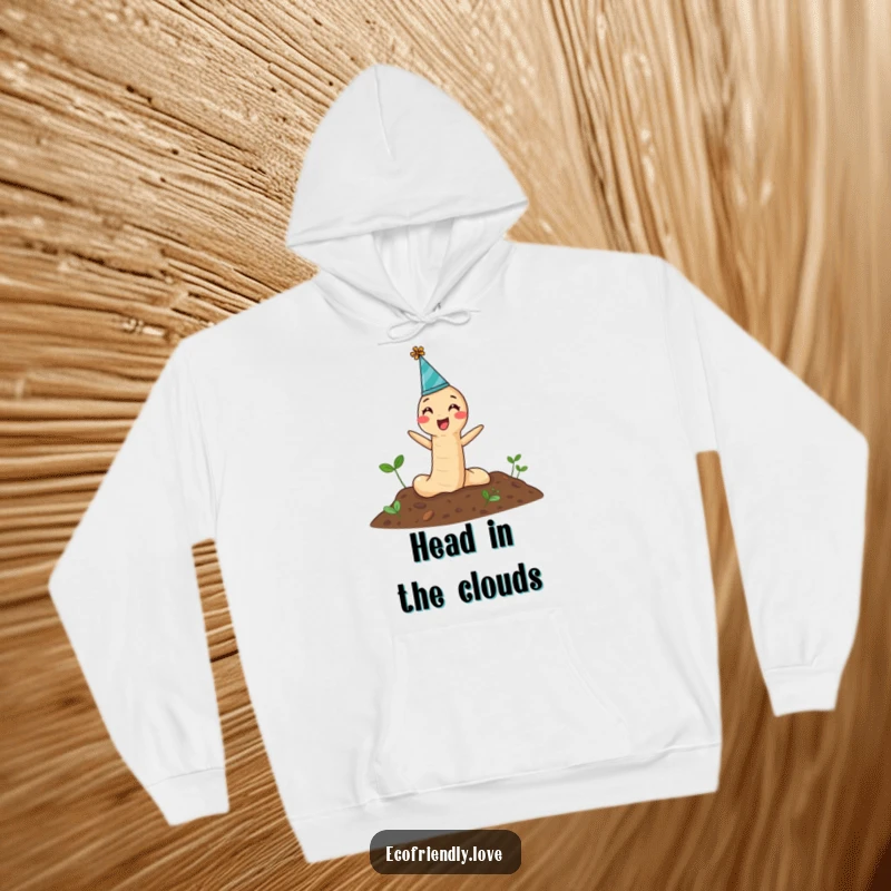 Funny Hoodie featuring a beaming earthworm with a party hat heroically surfacing from the soil, ready for festive occasions.