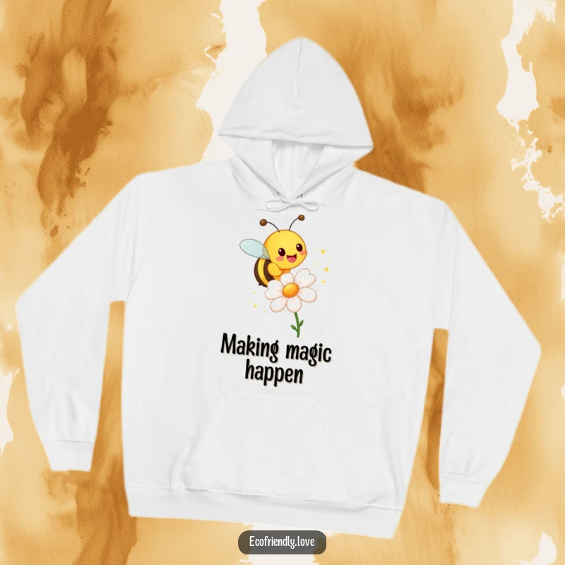 Funny hoodie showing a happy bee hovering around a flower, leaving a generous trail of shimmering sparkles.