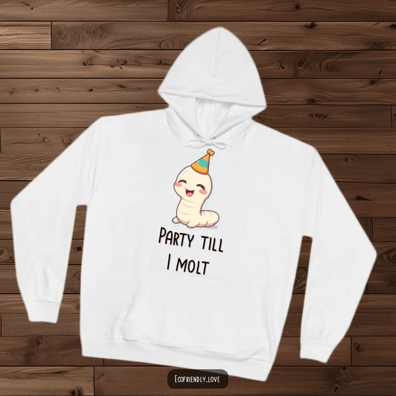 Funny kawaii worm giggling in a party hat on a warm hoodie, a cozy and humorous item.