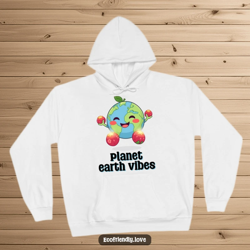 Funny hoodie featuring a happy, round Earth juggling glowing berries with a joyful expression, offering celestial comfort and humor.