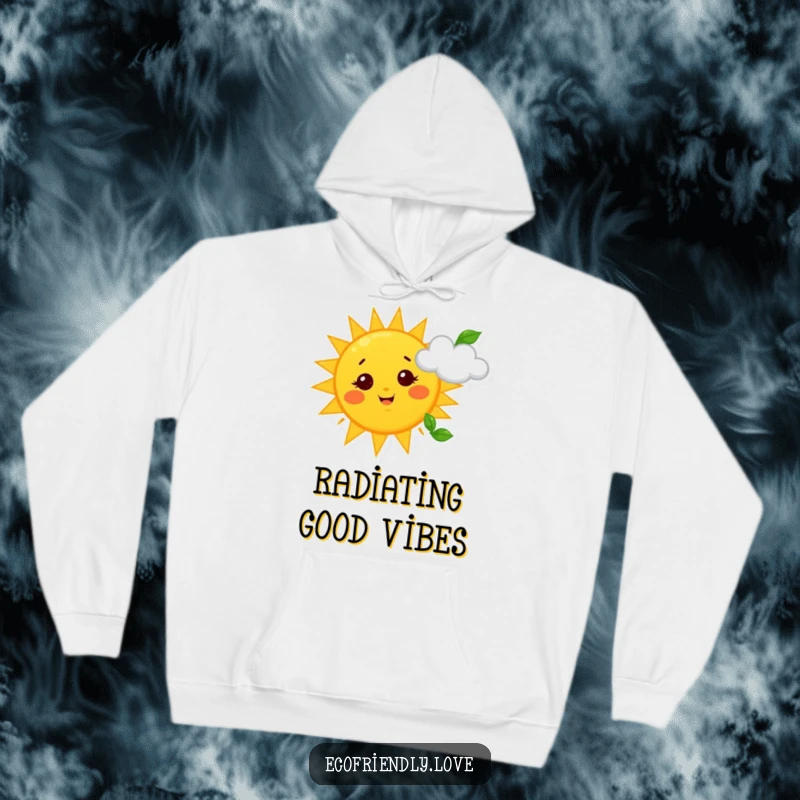 Funny Sun and Cloud Hoodie: A warm hoodie with artwork of a smiling sun with starry eyes waving a leaf towards a happy cloud.