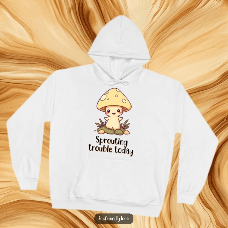 Funny Mushroom Hoodie featuring a mischievous character peeking playfully out of the ground, ideal for cozy days.