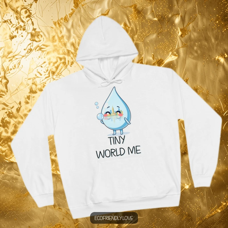 Funny water droplet character blowing a bubble reflecting a miniature cityscape, featured on a warm and humorous hoodie.