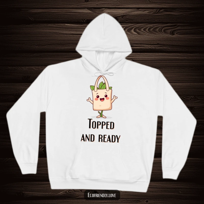 Funny hoodie showcasing a happy plant character playfully wearing a reusable tote bag as a hat, perfect for cozy, eco-friendly lounging.