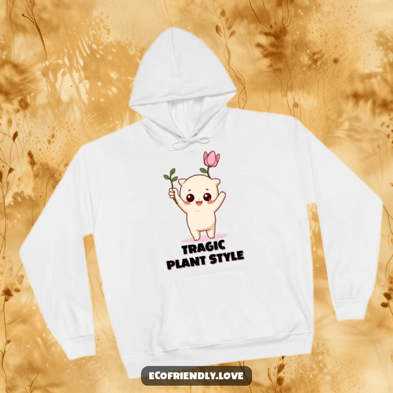 Funny kawaii character triumphantly holding a wilting, funny plant on a warm hoodie, a humorous cozy item.