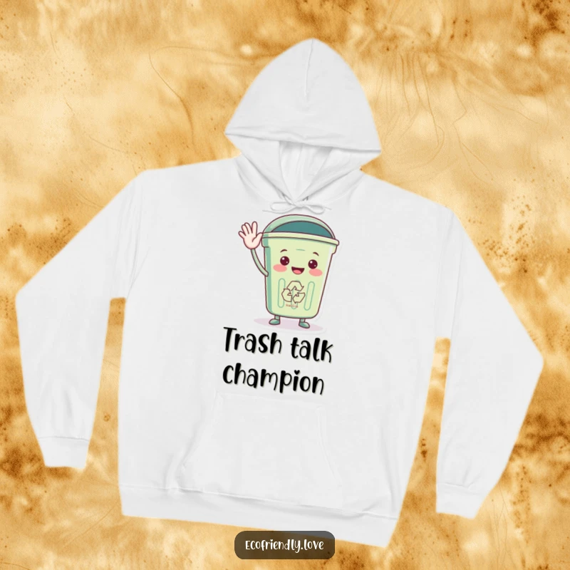 Funny hoodie showcasing a welcoming recycling bin character waving hello, offering warmth and eco-friendly vibes.