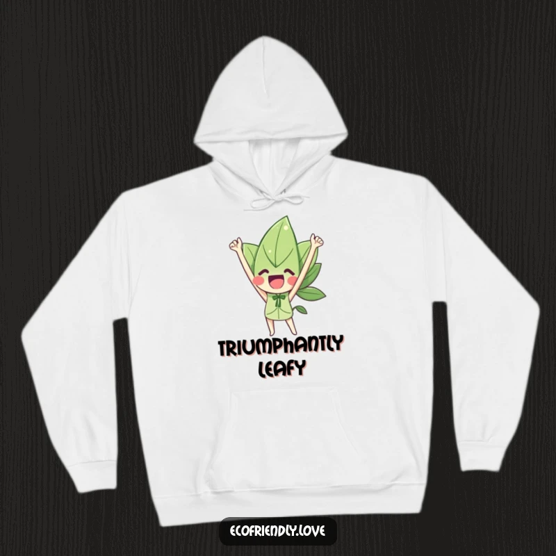 Funny hoodie featuring a delighted leaf character with arms enthusiastically raised in a pose of ultimate triumph.