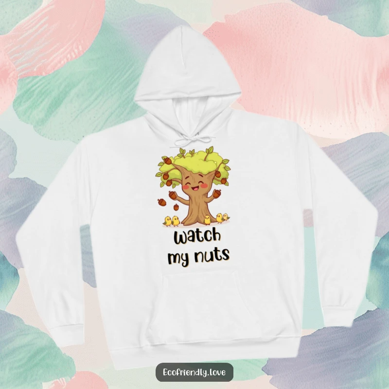 Funny smiling tree character juggling acorns with an audience of tiny birds watching in delight, featured on a warm and humorous hoodie.