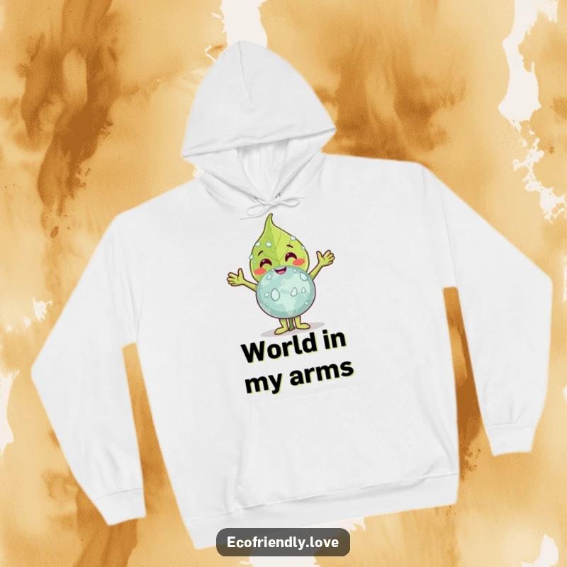 Funny leaf hoodie featuring a smiling leaf character embracing a dew-kissed globe, perfect for cozying up with a message of planetary love.