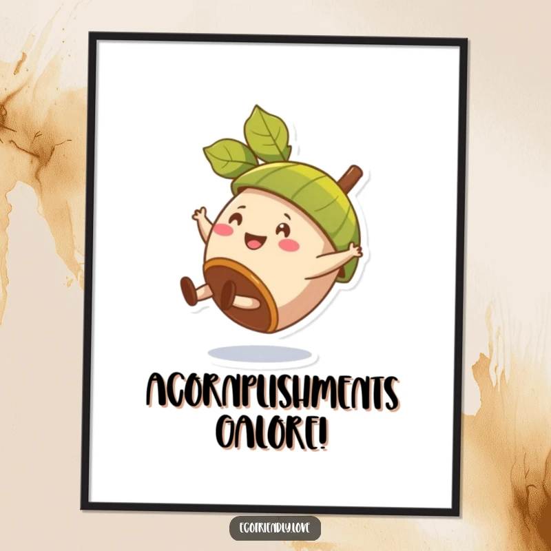 Funny Free Printable Wall Art: A happy acorn wearing a jaunty leaf hat performs an energetic cartwheel, full of joy.