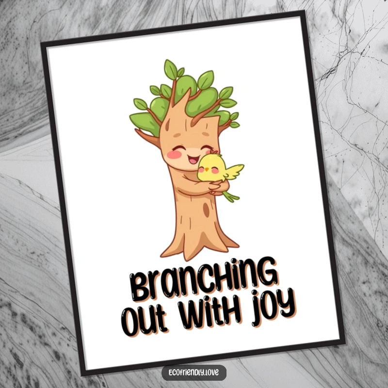 Funny Free Printable Wall Art: Joyful tree character hugging a small bird, cute woodland downloadable decor.