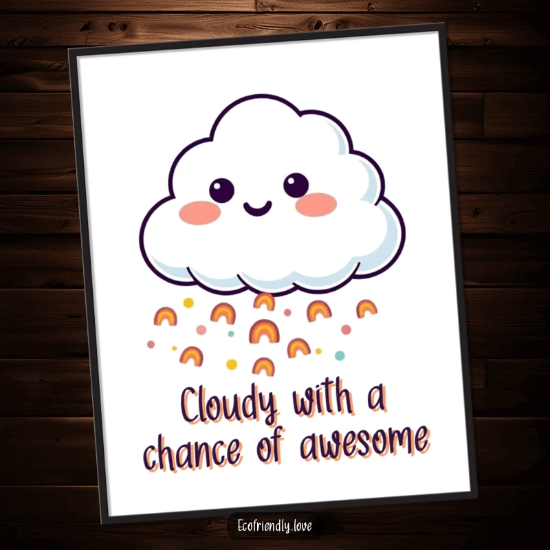 Funny Free Printable Wall Art: Smiling cloud character unleashing a playful downpour of tiny, happy rainbows, whimsical decor.
