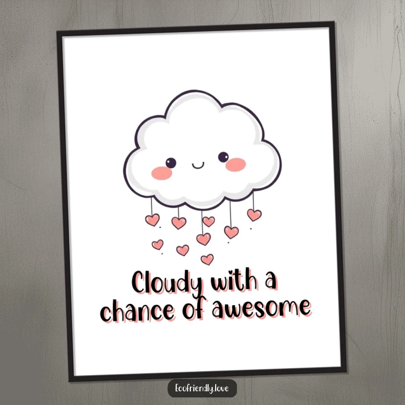 Funny Free Printable Wall Art: A cute cloud character is depicted raining small, red heart shapes.