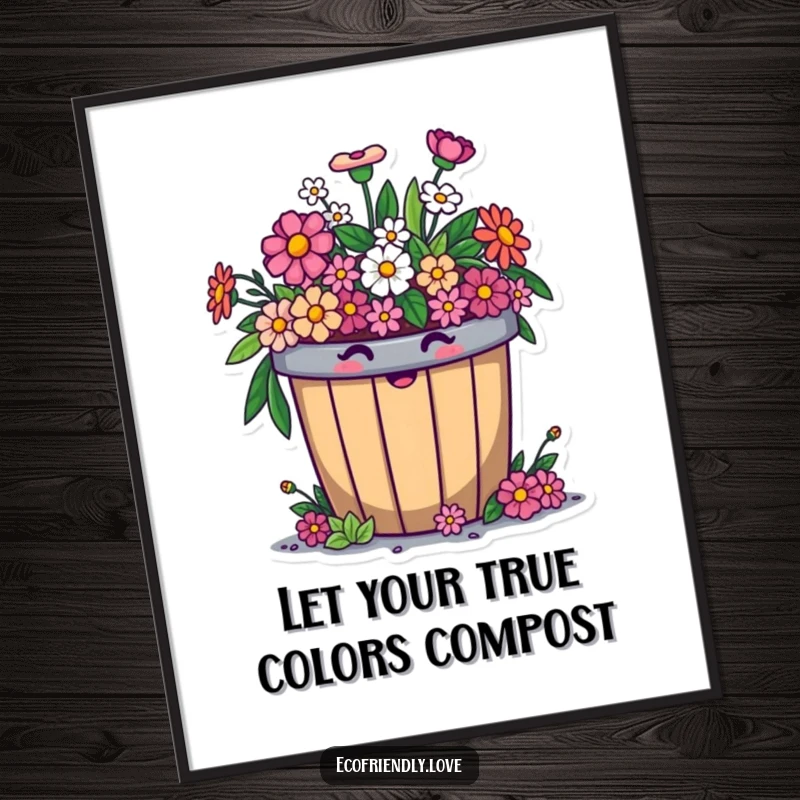 Funny Free Printable Wall Art: A round, cheerful compost bin character comically overflowing with an abundance of smiling flowers.