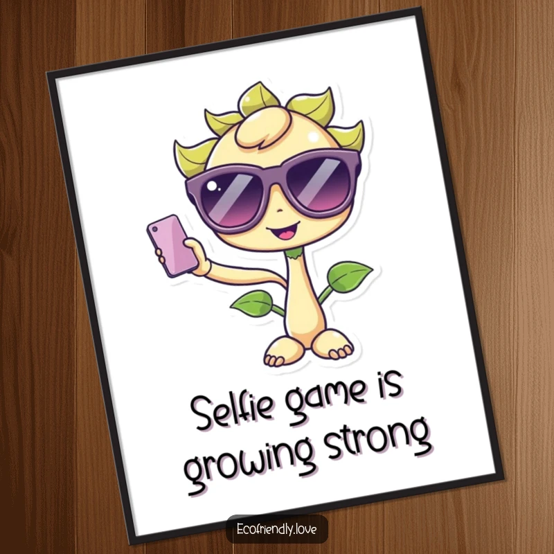 Funny Free Printable Wall Art: a kawaii sprout wearing oversized sunglasses, striking a pose for a cool, stylish selfie.