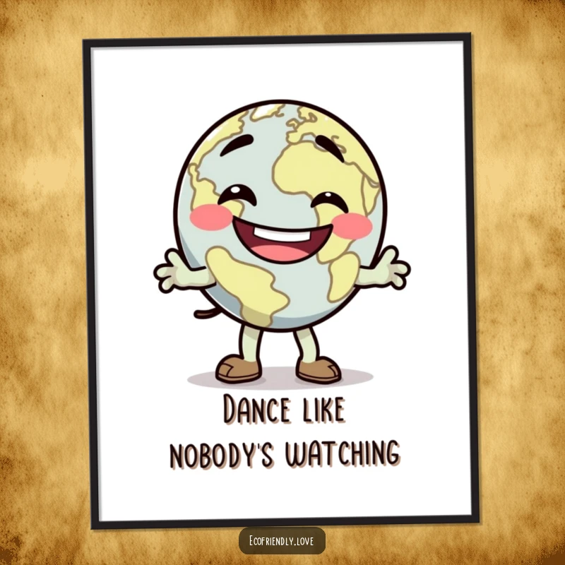Funny Free Printable Wall Art of a grinning Earth character enthusiastically performing a silly dance jig.