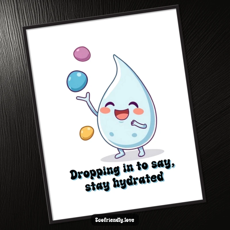 Funny Free Printable Wall Art: A happy water droplet character energetically juggling three colorful pebbles with a huge, beaming smile.