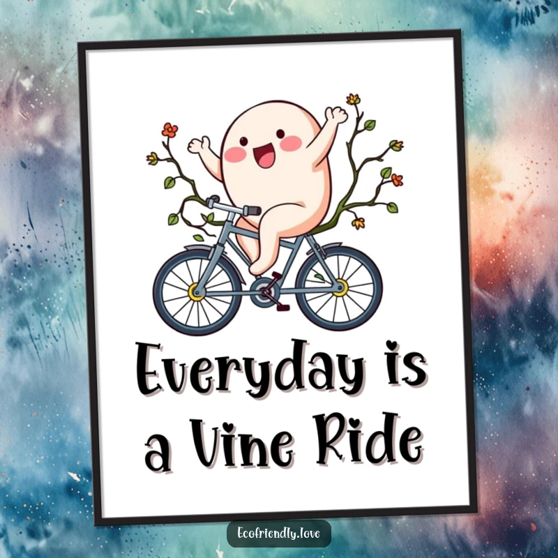 Funny Free Printable Wall Art: A dynamic blob character enthusiastically riding a bicycle made entirely of lush green vines.
