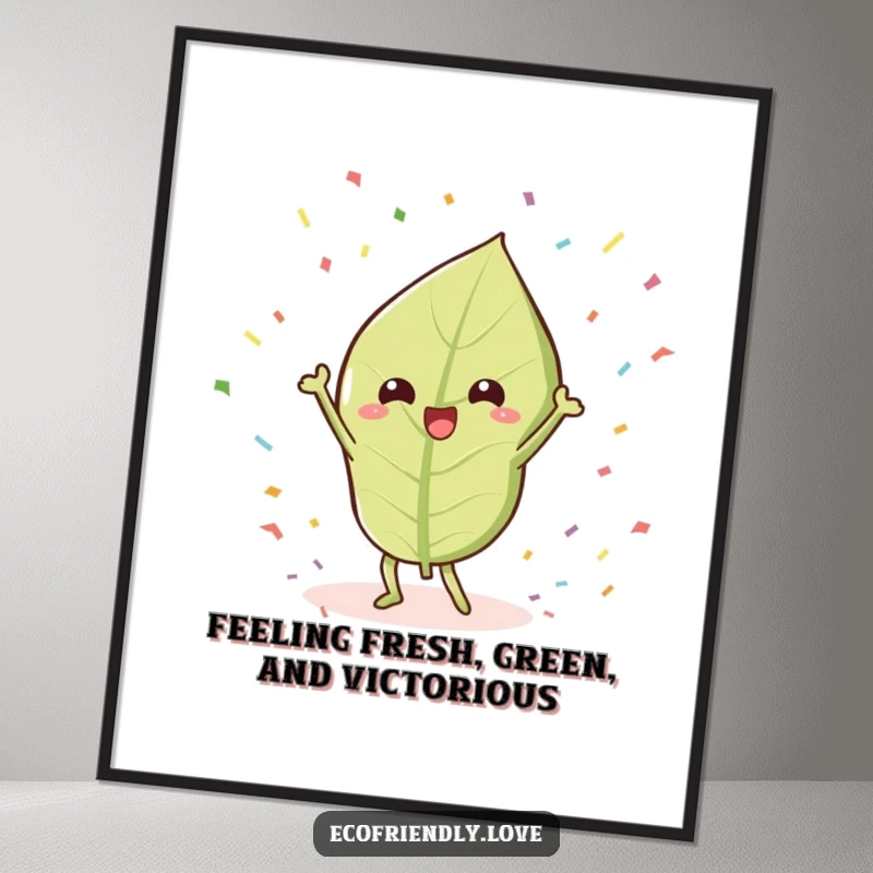 Funny Free Printable Wall Art: a kawaii leaf in mid-victory dance, showered with confetti, embodying pure, unadulterated celebration.