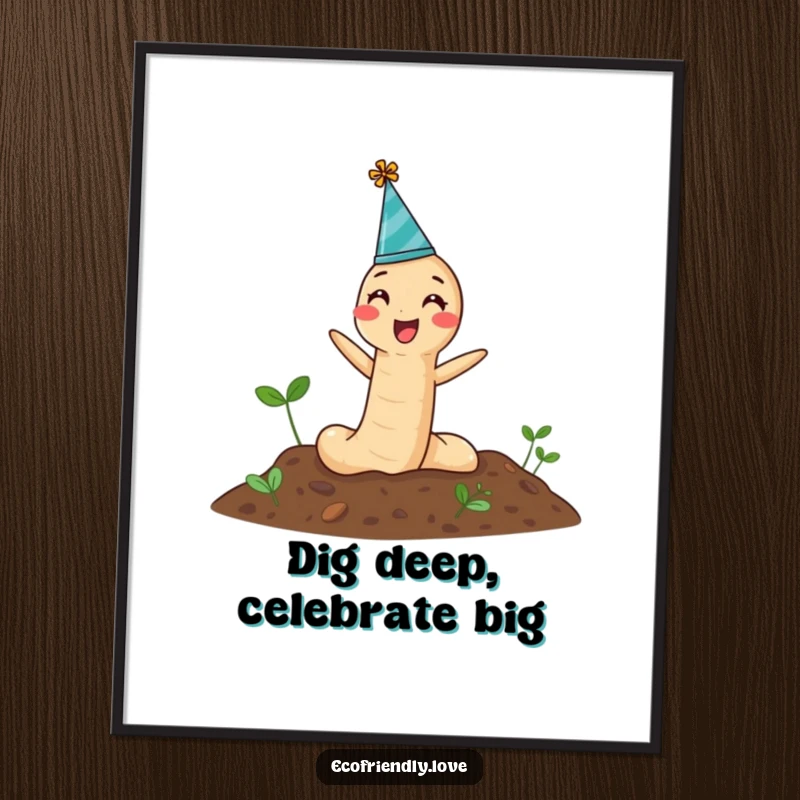 Funny Free Printable Wall Art: Earthworm wearing a party hat pops out of soil, bringing whimsical, humorous charm to your space.