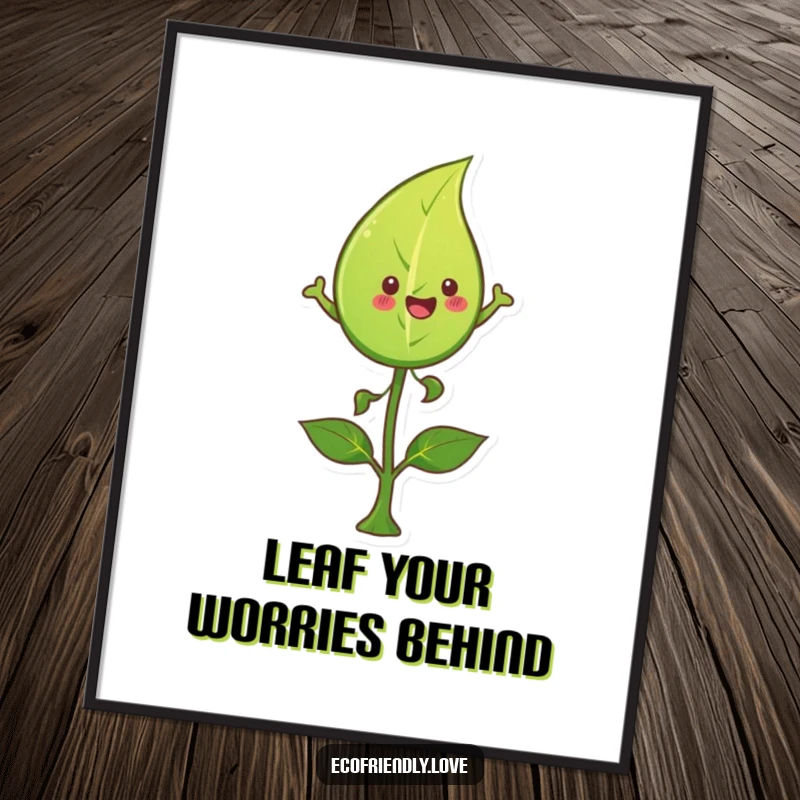 Funny Free Printable Leaf Wall Art: A happy green leaf mid-leap over a tiny sprout, celebrating growth and nature.