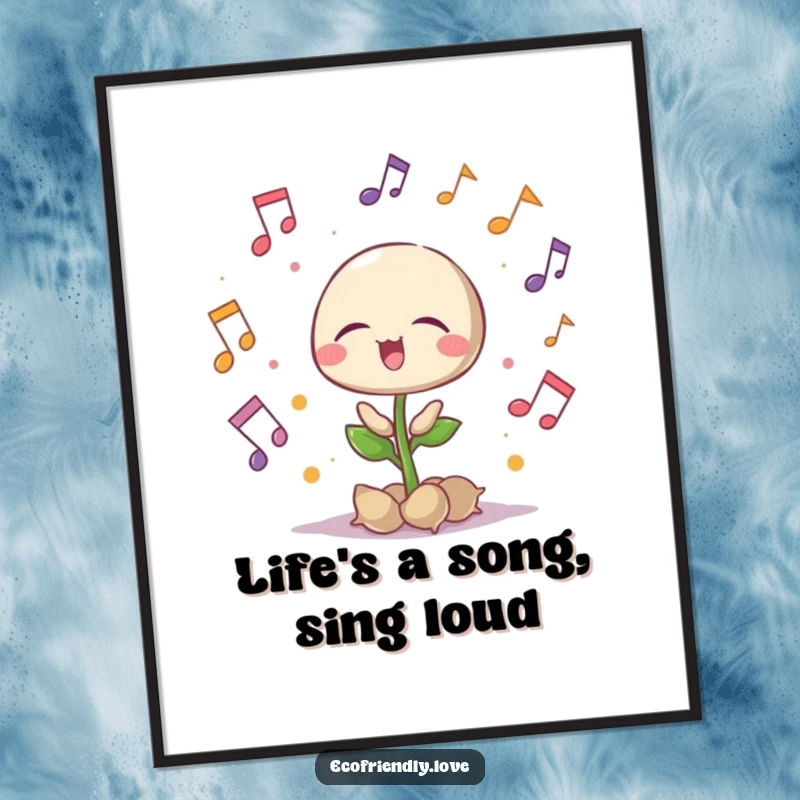 Funny Free Printable Wall Art depicting a seedling singing with eyes closed in pure delight, surrounded by music notes.