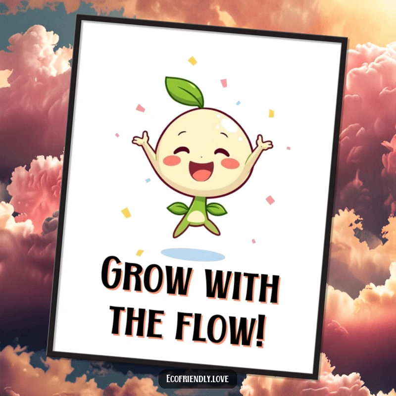 Funny Free Printable Wall Art of a happy, round sprout character jumping joyfully with confetti around it.