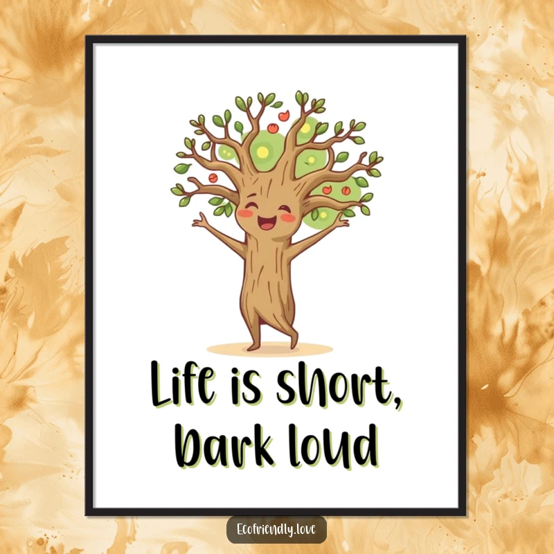 Funny Free Printable Tree Wall Art: Happy tree character dancing with branches outstretched, bringing cheerful vibes to any room.