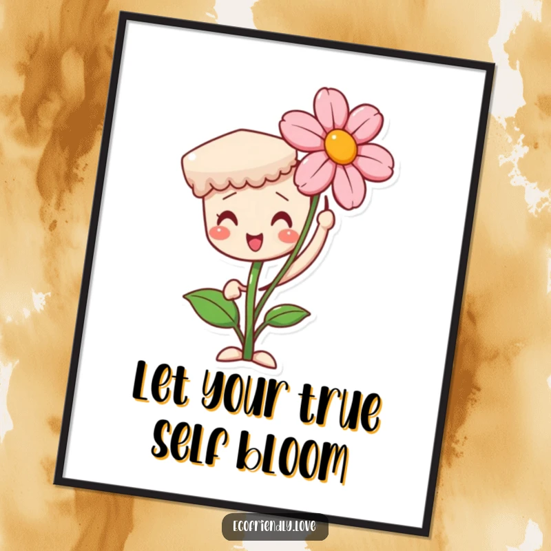 Funny Free Printable Wall Art depicting a proud seedling character holding up a gorgeous, fully bloomed flower, representing growth.